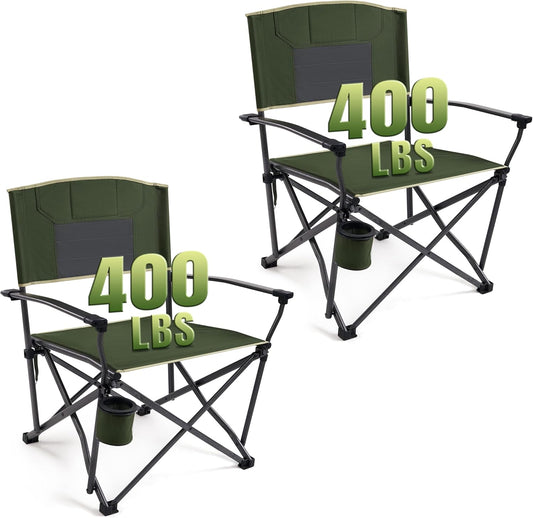 2PCS Oversized Folding Camping Chairs for Adults Heavy Duty Camp Chair Support 400 LBS Steel Frame Metal Arm Lawn Chairs with Swivel Cup Holder, Extra Large Outdoor Chairs Green